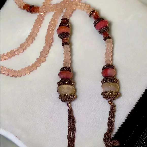 Gemstone Rose Quartz Morganite Rhodochrosite Scarf Tassel Flapper Style Necklace - Picture 8 of 10